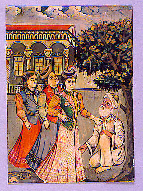 Untitled (Three tourist ladies visiting a town in Persia and an elderly poor man begging alms from them)