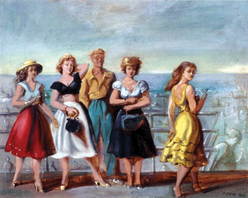 Four Girls and Man on Boardwalk [recto]; Bowery Scene [verso]