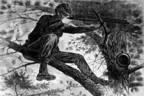 The Army of the Potomac - A Sharp-Shooter on Picket Duty - From a Painting by Winslow Homer, Esq. (Harper's Weekly, Vol. VII)