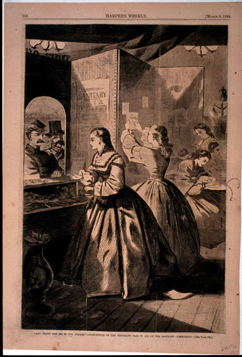 "Any Thing for Me, If You Please?" - Post-Office of the Brooklyn Fair in Aid of the Sanitary Commission (Harper's Weekly, Vol. VIII)