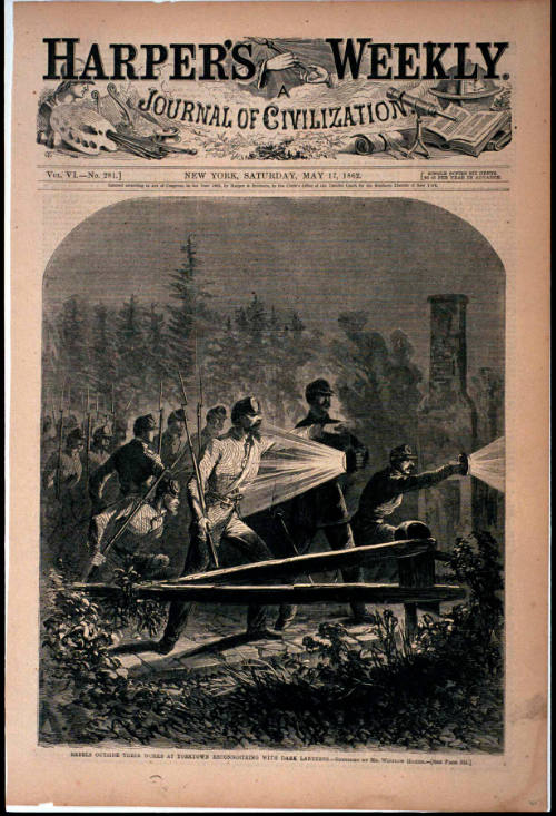 Rebels Outside Their Works at Yorktown Reconnoitering [sic] with Dark Lanterns - Sketched by Mr. Winslow Homer (Harper's Weekly, Vol. VI)