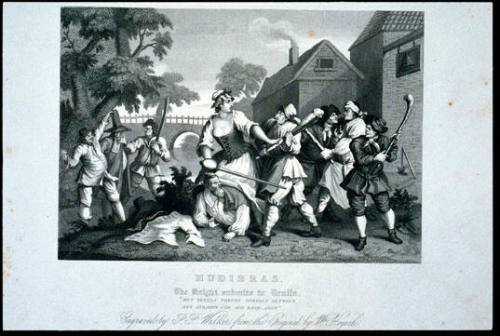 Hudibras. The Knight Submits to Trulla. (page from a book titled "The Works of William Hogarth")