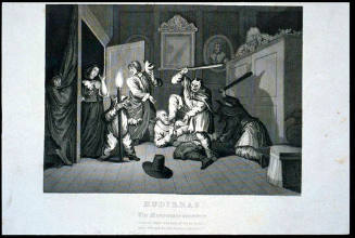 Hudibras. The Masquerade Adventure. (page from a book titled "The Works of William Hogarth")