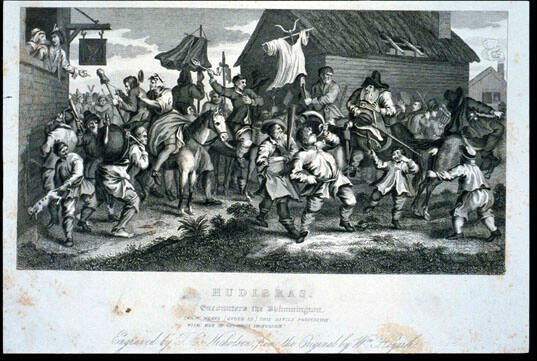 Hudibras. Encounters the Skimmington (page from a book titled "The Works of William Hogarth")