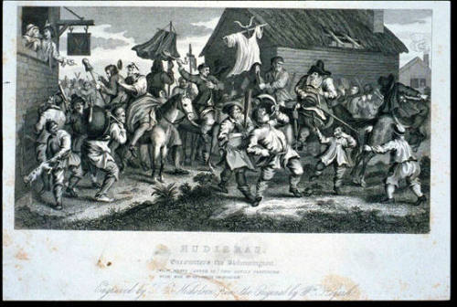 Hudibras. Encounters the Skimmington (page from a book titled "The Works of William Hogarth")