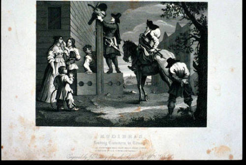 Hudibras, Leading Crowdero in Triumph. (page from a book titled "The Works of William Hogarth")