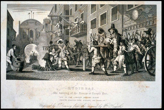 Hudibras. The Burning of Rumps at Temple Bar. (page from a book titled "The Works of William Hogarth")