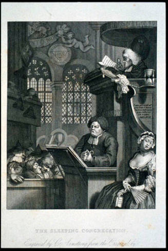 The Sleeping Congregation. (page from a book titled "The Works of William Hogarth")