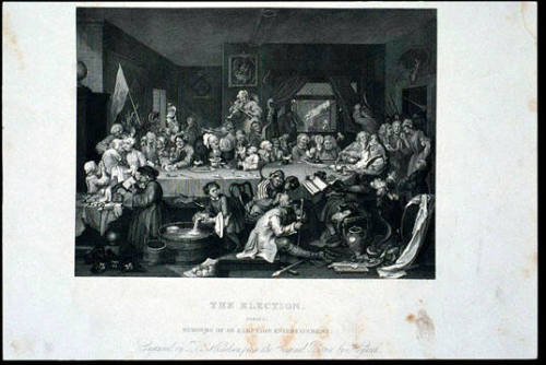 The Election. Plate 1, Humours of an Election Entertainment. (page from a book titled "The Works of William Hogarth")