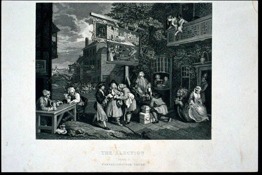 The Election. Plate 2, Canvassing for Votes. (page from a book titled "The Works of William Hogarth")