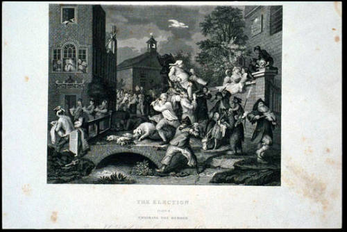 The Election. Plate 4, Chairing the Member. (page from a book titled "The Works of William Hogarth")