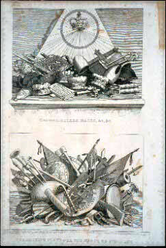 Crowns, Mitres, Maces, &c, &c. and The Receipt Plate for the March to Finchley. (page from a book titled "The Works of William Hogarth")