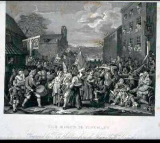 The March to Finchley. (page from a book titled "The Works of William Hogarth")