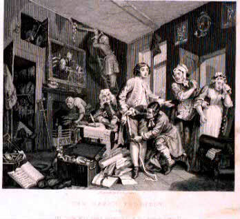 The Rake's Progress. Plate 1, The young Heir Takes Possession of the Muer's Effects