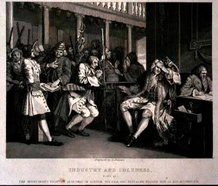 Industry and Idleness, Plate 10, The Industrious 'Prentice Alderman of London, the Idle One Impeach'd Before Him by His Accomplice